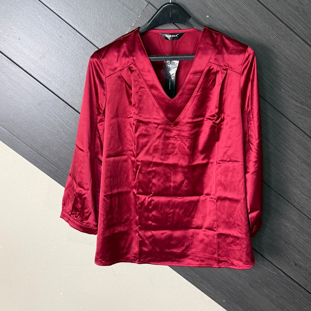Alegra K Women's Satin V-Neck 3/4 Sleeve Blouse Burgundy Large NWT Minimalist‎